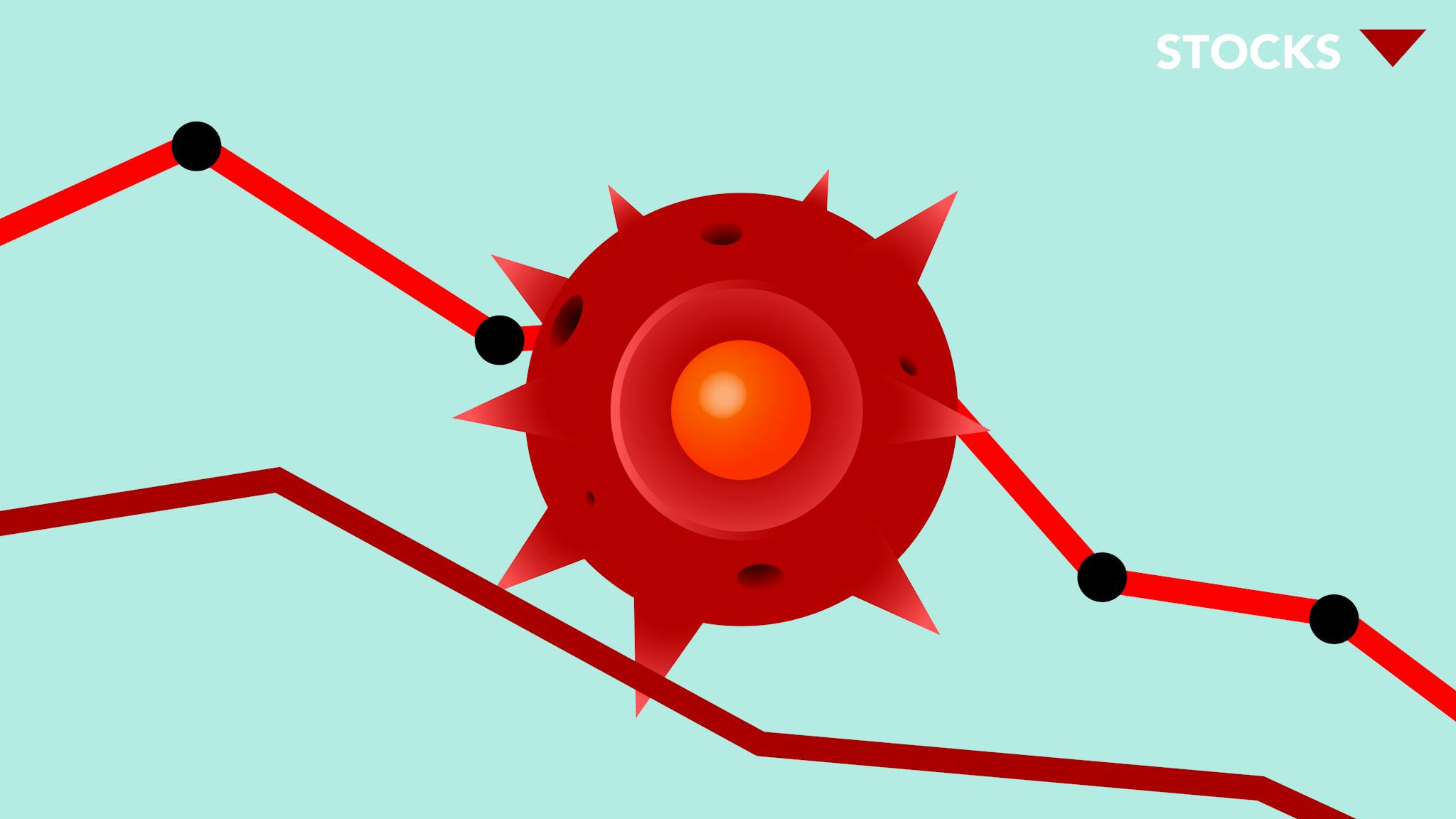 Vector image of red Covid virus against decreasing line graph on blue background