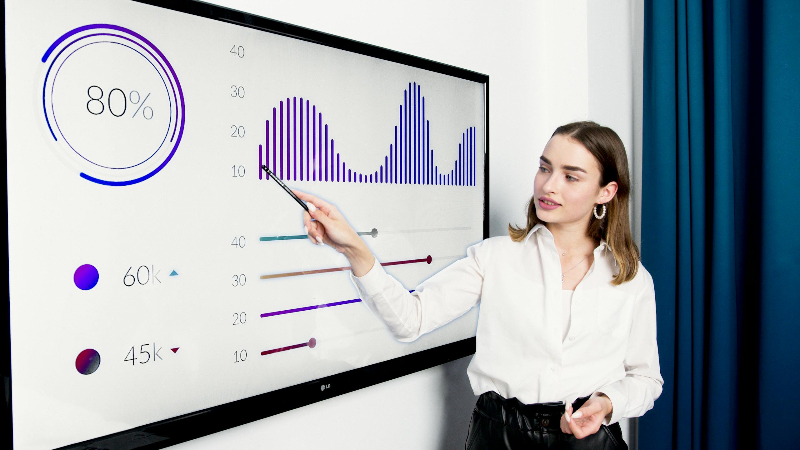 Businesswoman presenting data on a large digital screen in a modern office setting.