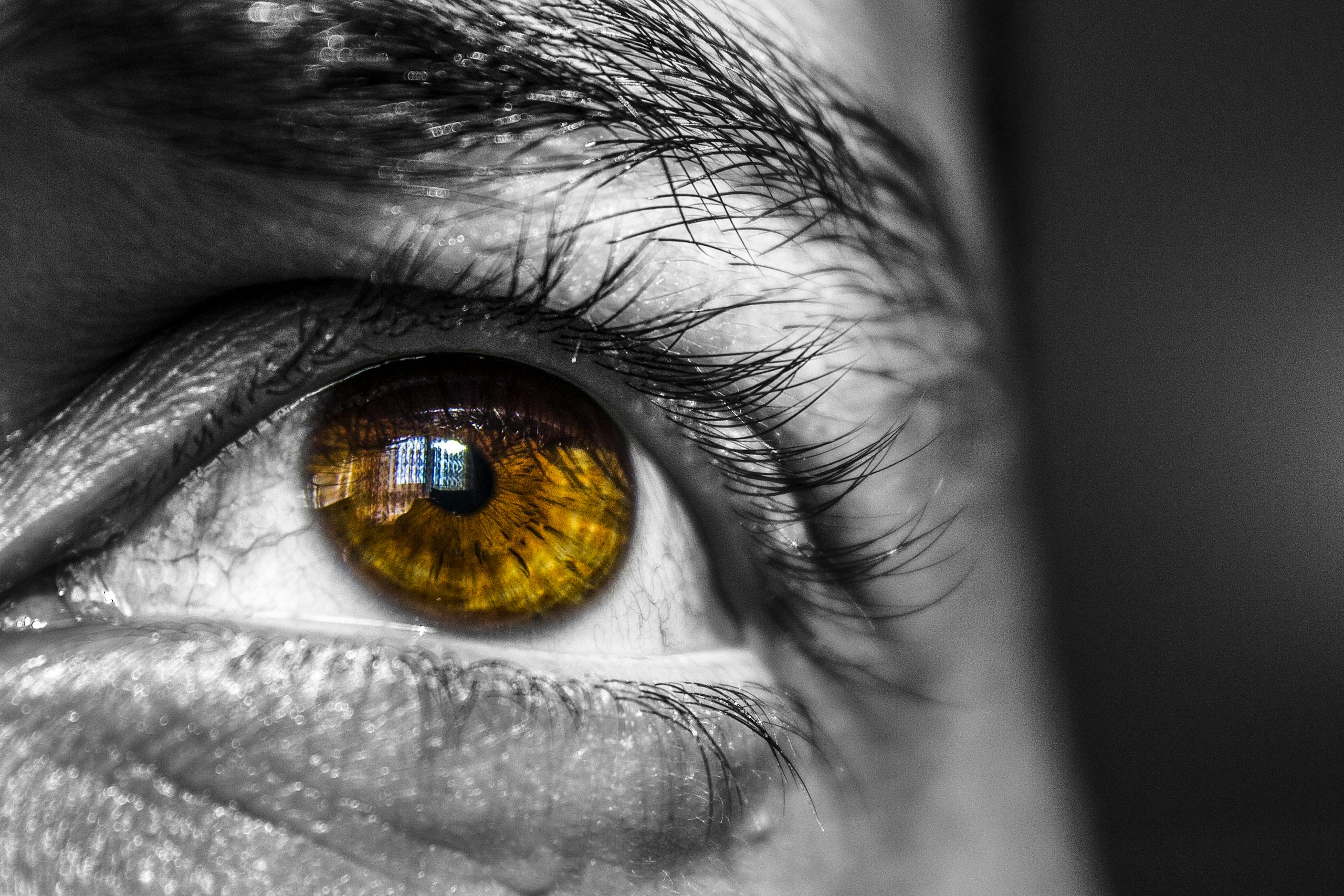 Detailed close-up image of a human eye, showcasing an amber-colored iris with architectural reflection.