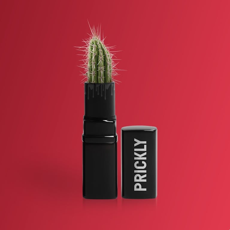 Unique concept of a cactus in a lipstick tube against a red backdrop symbolizing sharp humor and creativity.